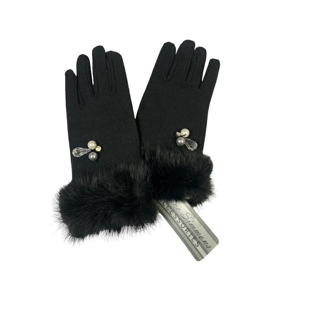 Women's Black Fuzzy Jeweled Gloves